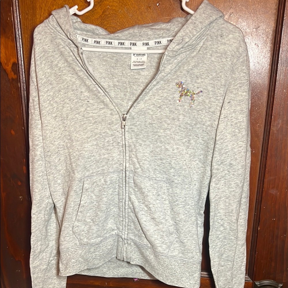 PINK : Gray Zip-Up Hoodie with glitter back writing